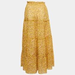Zimmermann Yellow Animal Printed Cotton Tiered Midi Skirt L