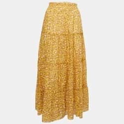Zimmermann Yellow Animal Printed Cotton Tiered Midi Skirt L