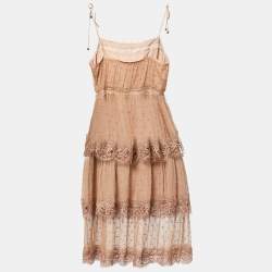 Pre Owned Zimmermann Brown Dotted Chiffon Lace Trimmed Midi Dress M