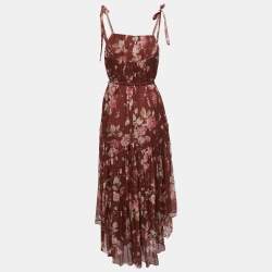 Pre Owned Zimmermann Burgundy Floral Printed Silk Sleeveless Midi Dress S