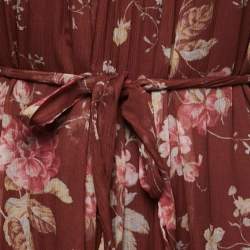 Pre Owned Zimmermann Burgundy Floral Printed Silk Sleeveless Midi Dress S