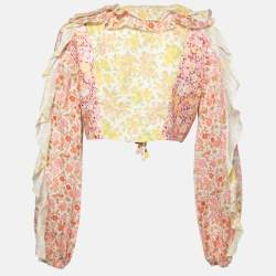 Pre Owned Zimmermann Multicolor Floral Linen Ruffle Trimmed Goldie Cropped Top L