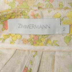 Pre Owned Zimmermann Yellow Floral Printed Linen Belted Wide Leg Trousers M