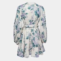 Pre Owned Zimmermann Off White Floral Printed Linen Wrap Mini Dress L