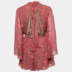 Pre Owned Zimmermann Brown Floral Printed Chiffon Silk Belted Playsuit L