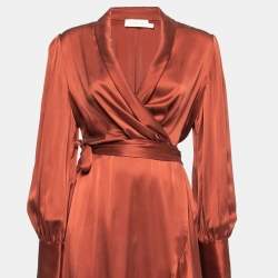 Pre Owned Zimmermann Rust Brown Silk Satin Wrap Midi Dress M