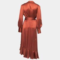 Pre Owned Zimmermann Rust Brown Silk Satin Wrap Midi Dress M