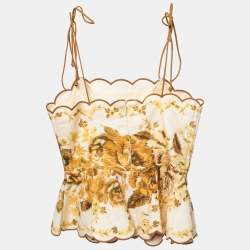 Zimmerman Cream/Yellow Floral Print Linen Scalloped Peplum Top S