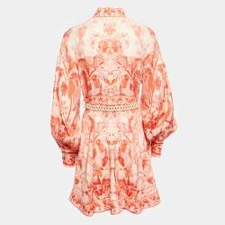 Pre Owned Zimmermann Orange Floral Printed Linen Wooden Beads Belted Mini Dress M