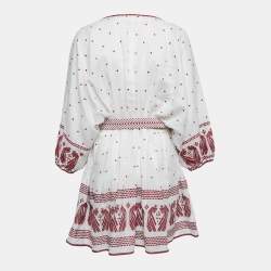 Pre Owned Zimmermann White/Brown Embroidered Linen Belted Waist V-Neck Mini Dress L