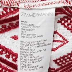 Pre Owned Zimmermann White/Brown Embroidered Linen Belted Waist V-Neck Mini Dress L