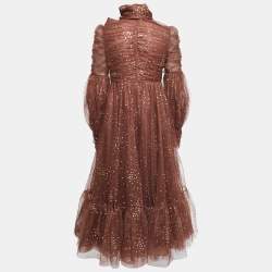 Pre Owned Zimmermann Brown Glitter Tulle Ruched Tempo Midi Dress M
