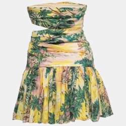 Pre Owned Zimmermann Yellow Cutout Printed Linen Strapless Mini Dress S