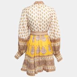 Pre Owned Zimmermann Cream & Yellow Paisley Printed Linen Belted Mini Dress M