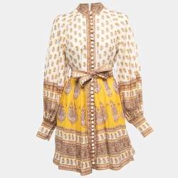 Pre Owned Zimmermann Cream & Yellow Paisley Printed Linen Belted Mini Dress M