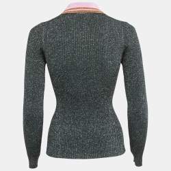 Pre Owned Zimmermann Green Ribbed Lurex Knit Long Sleeve Collared Top S