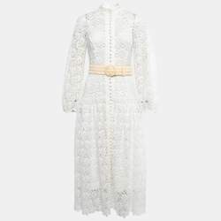 Pre Owned Zimmermann White Floral Lace Button Detail Belted Midi Dress M