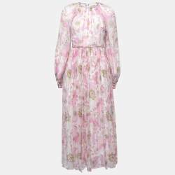 Zimmermann Pink Floral Printed Silk Chiffon Braid Detailed Long Sleeve Gown M