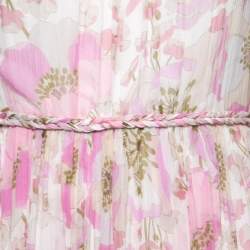 Zimmermann Pink Floral Printed Silk Chiffon Braid Detailed Long Sleeve Gown M