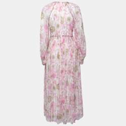 Zimmermann Pink Floral Printed Silk Chiffon Braid Detailed Long Sleeve Gown M