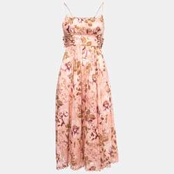 Zimmermann Pink Floral Print Linen Strappy Midi Dress S