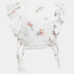 Pre Owned Zimmermann White Floral Printed Cotton Lace Trimmed Side Tie Detail Crop Top L