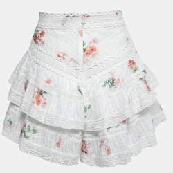 Pre Owned Zimmermann White Floral Printed Cotton Lace Trimmed Shorts L