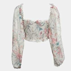 Zimmermann Multicolor Printed Silk Chiffon Shirred Long Sleeve Crop Top M