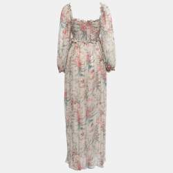 Zimmermann Multicolor Printed Silk Chiffon Shirred Long Sleeve Maxi Dress S