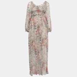 Zimmermann Multicolor Printed Silk Chiffon Shirred Long Sleeve Maxi Dress S