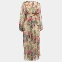 Zimmermann Multicolor Printed Silk Chiffon Gathered Wrap on Maxi Dress M