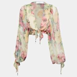 Zimmermann Multicolor Printed Silk Chiffon Ruffled Wrap On Crop Top M