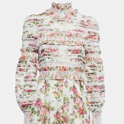 Pre Owned Zimmermann White Floral Printed Linen & Silk Long Sleeve Maxi Dress M