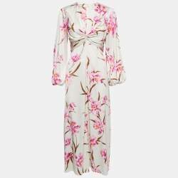 Zimmermann Off-White Orchid Print Silk Blend Ruched Midi Dress M