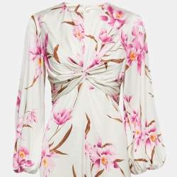 Zimmermann Off-White Orchid Print Silk Blend Ruched Midi Dress M