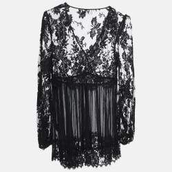 Pre Owned Zimmermann Black Silk Chiffon Lace Trimmed Long Sleeve A-Line Blouse S