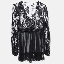 Pre Owned Zimmermann Black Silk Chiffon Lace Trimmed Long Sleeve A-Line Blouse S