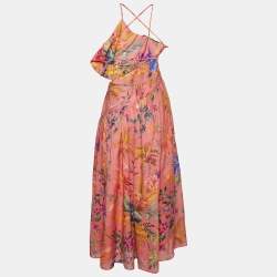 Pre Owned Zimmermann Pink Tropical Printed Cotton One Shoulder Maxi Dress XS