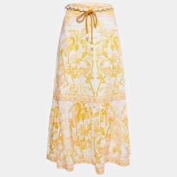 Pre Owned Zimmermann Yellow Tropical Printed Linen Midi Skirt L