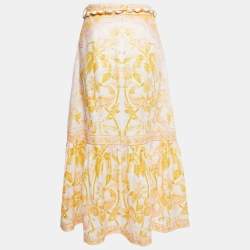 Pre Owned Zimmermann Yellow Tropical Printed Linen Midi Skirt L