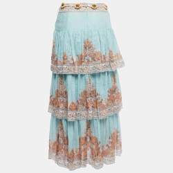 Pre Owned Zimmermann Blue Paisley Print Ramie Tiered Midi Skirt S