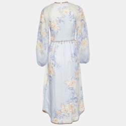 Pre Owned Zimmermann Light Blue Printed Linen Chain Detail Belted Postcard Midi Dress XS