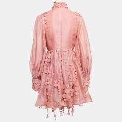 Pre Owned Zimmermann Pink Linen & Cotton Concert Disc Embellished Cut-Out Mini Dress M