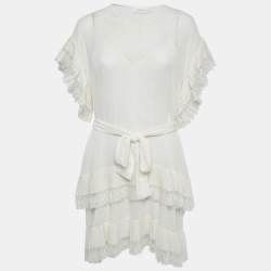 Zimmermann White Dotted Chiffon Belted Mini Dress L