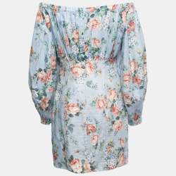 Zimmermann Blue Floral Printed Linen Off Shoulder Mini Dress M