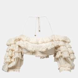 Zimmermann Cream Cotton & Silk Ruffled Crop Top L