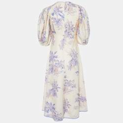 Pre Owned Zimmermann Cream Floral Printed Linen Puff Sleeve Midi Dress XS
