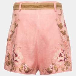 Pre Owned Zimmermann Pink Floral Printed Linen Belted Shorts M