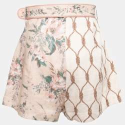 Zimmermann Light Pink Mixed Print Linen Belted Shorts M