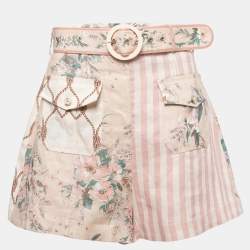 Zimmermann Light Pink Mixed Print Linen Belted Shorts M